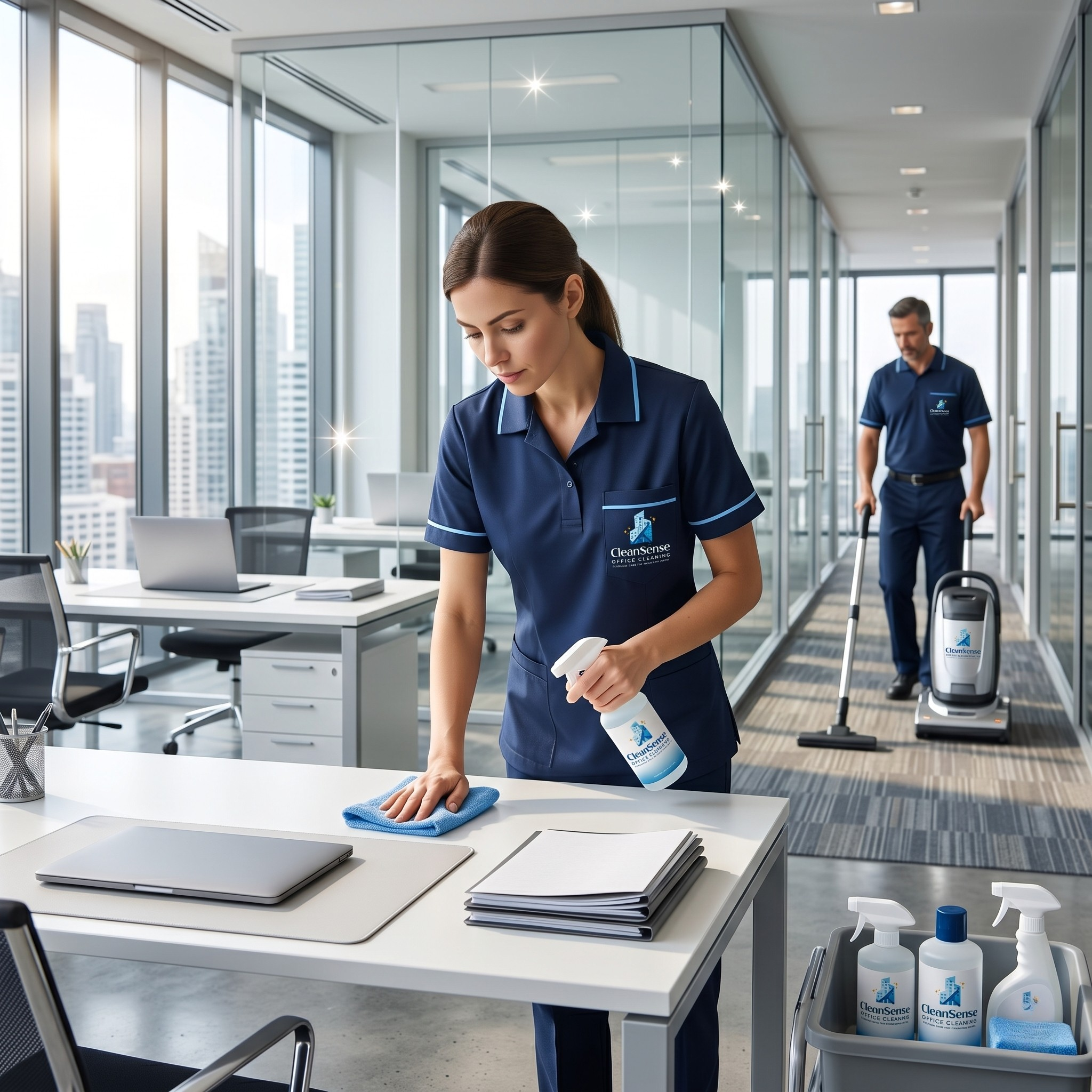 Professional office cleaning service by CleanSense in a modern corporate workspace